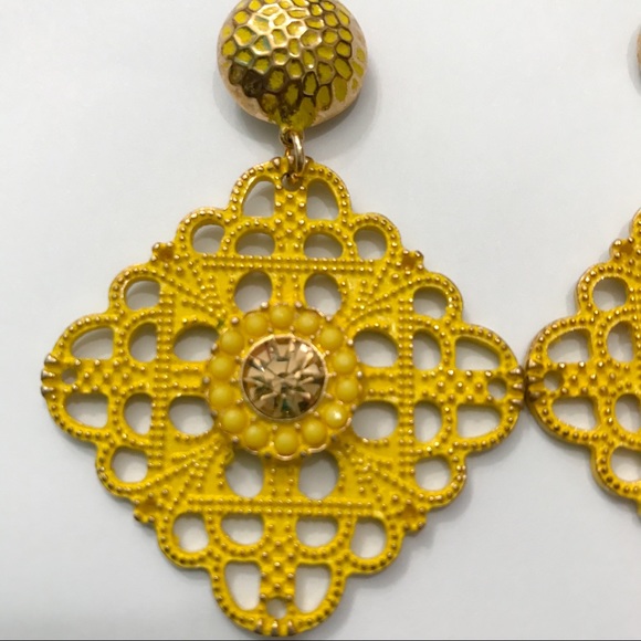 Yellow & Gold Tone Filigree Dangle Earrings - Picture 2 of 3